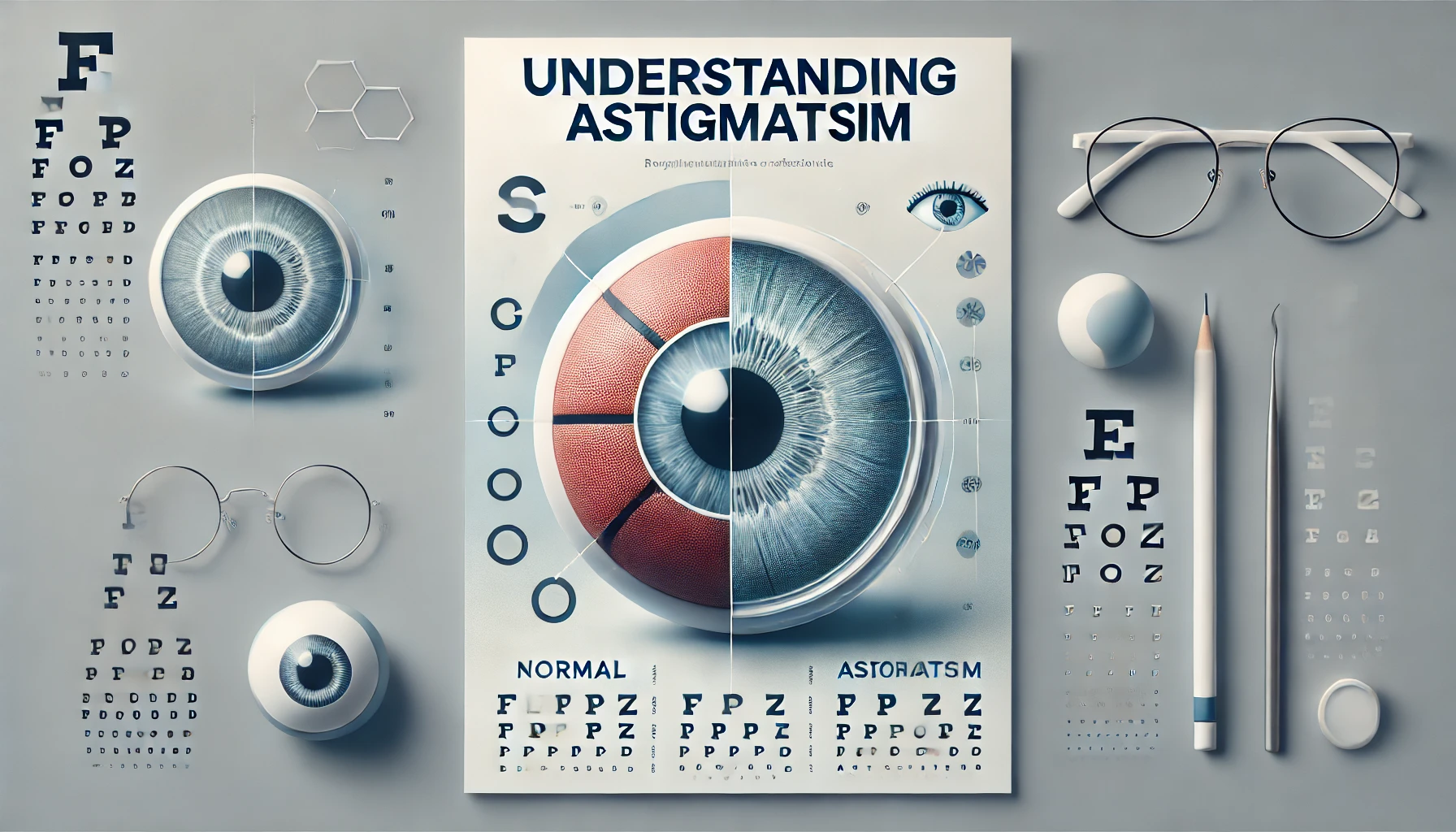 Illustration comparing a normal eye with a spherical cornea to an eye with astigmatism and an irregular cornea, set on a light blue and white gradient background with the headline 'Understanding Astigmatism.'