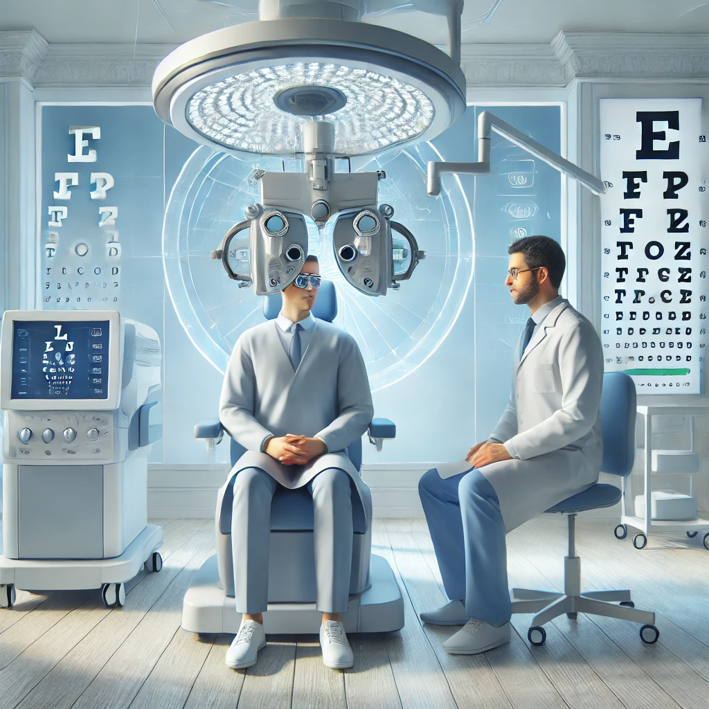 "A modern ophthalmology clinic-themed image featuring the name 'Fraser Valley Cataract and Laser' prominently displayed. Below, a list of refractive surgery options is outlined: 'ICL (Implantable Collamer Lens), LASIK, PRK, RLE (Refractive Lens Exchange), LAL (Light Adjustable Lens)'. The image includes a stylized eye diagram or lens illustration symbolizing vision correction. The design uses a clean and professional blue and white color scheme with soft gradients. A tagline at the bottom reads, 'Achieve Clearer Vision Today'."