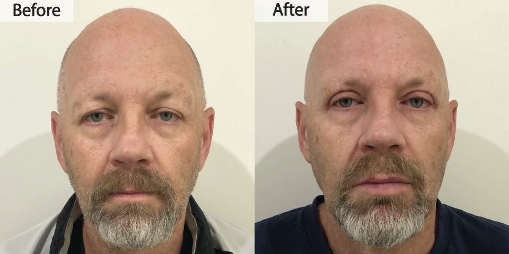 Blepharoplasty before and after, front view: excess upper eyelid skin removed from both eyes, before on the left and after on the right
